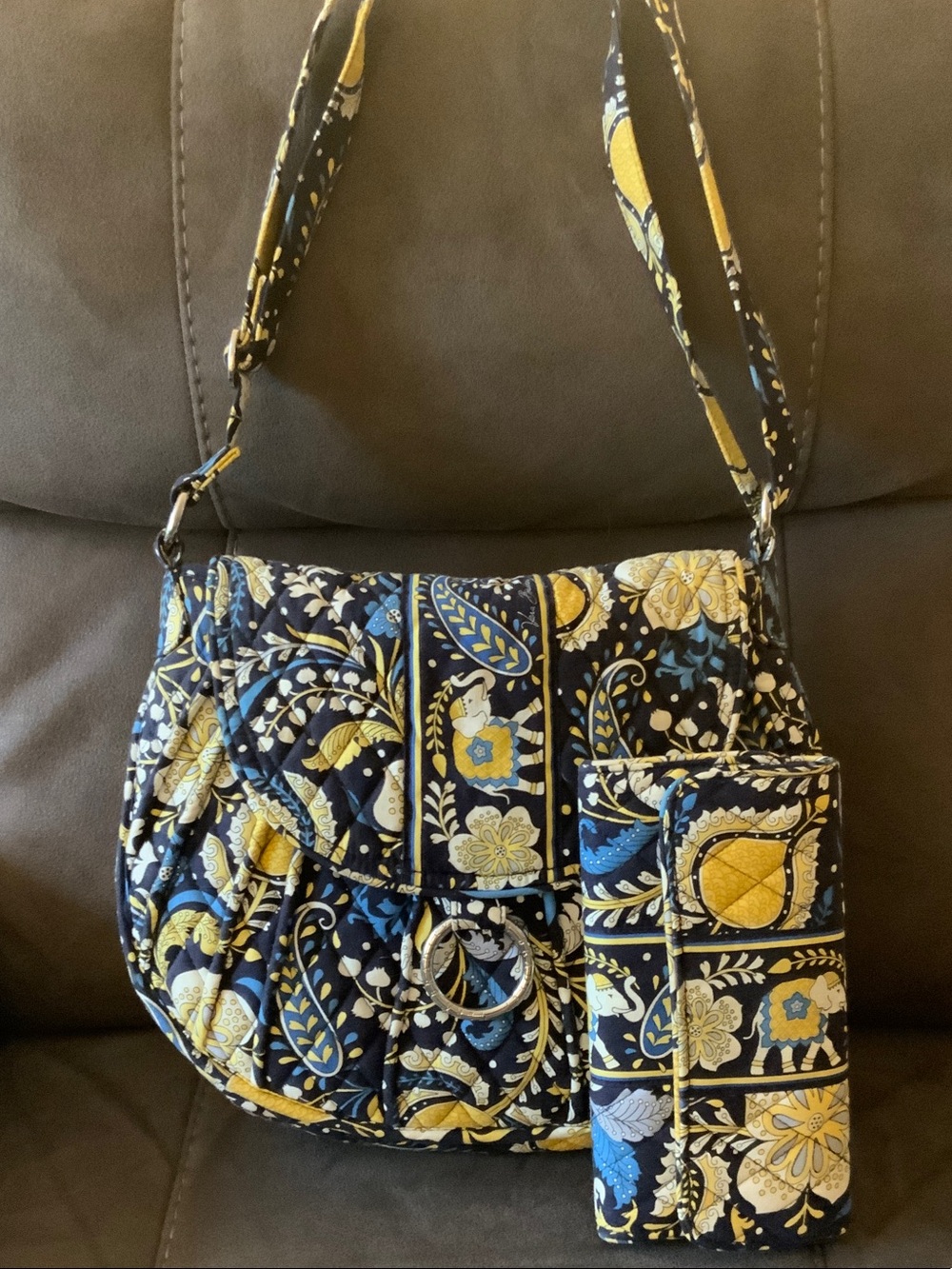 Vera Bradley Navy, Yellow & Light Blue Quilted Shoulder Bag with Wallet